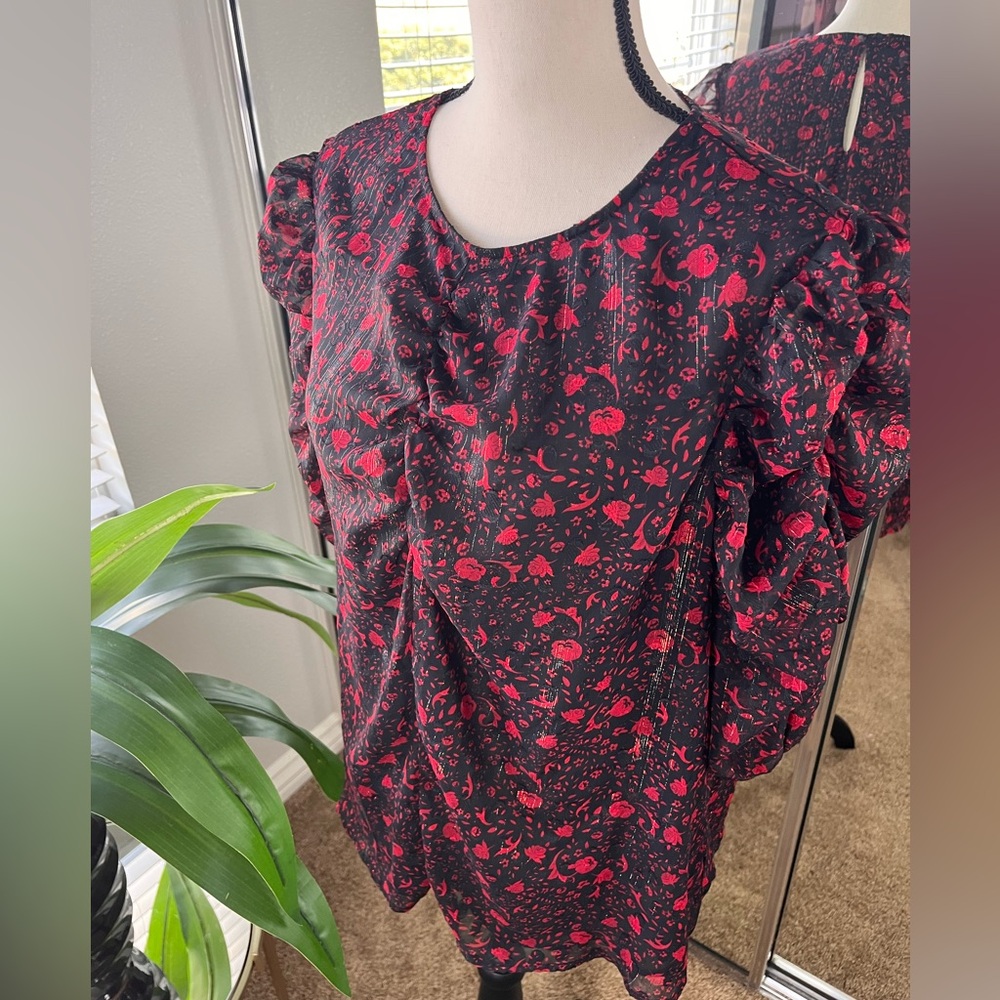 Express Black and Red Puffed Sleeve Sheer Blouse Size XL NWT